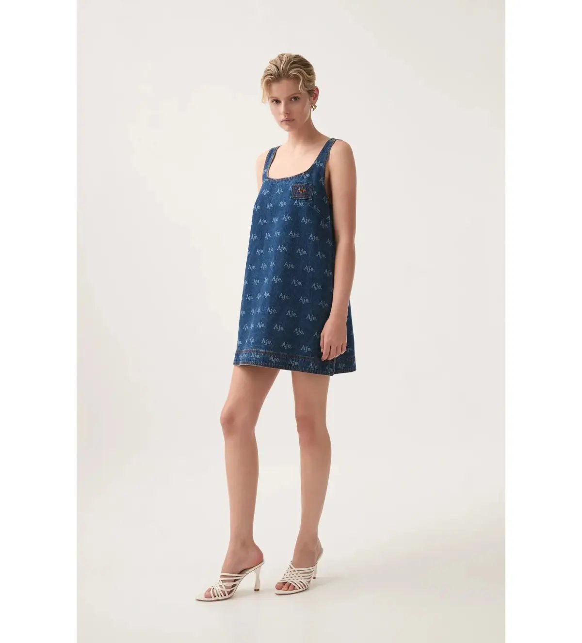 Aje Ratio Logo Denim Mini Dress Blue Print Size AU 6 photo 2