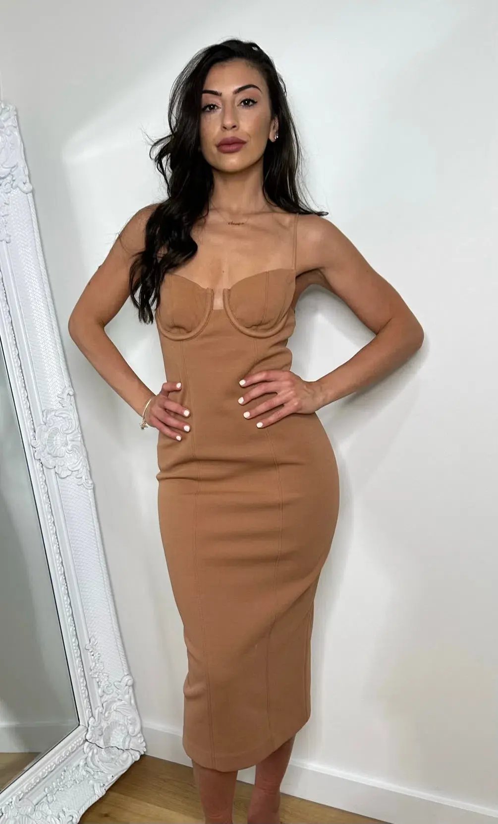 Misha Cristal Bonded Crepe Midi Dress Praline Brown Size 8/S photo 2