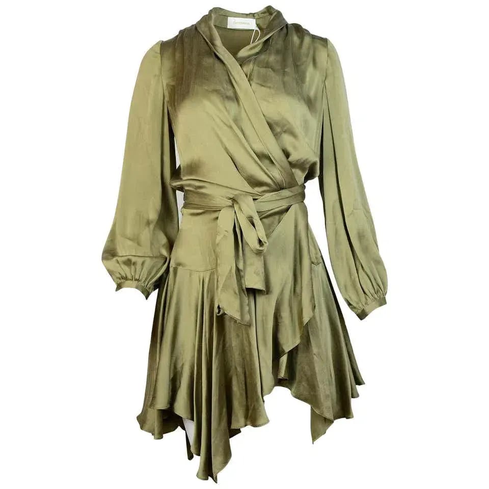 Zimmermann Long Sleeve Sueded Silk Wrap Robe Dress Olive Green Size 0 / AU 8 photo 4