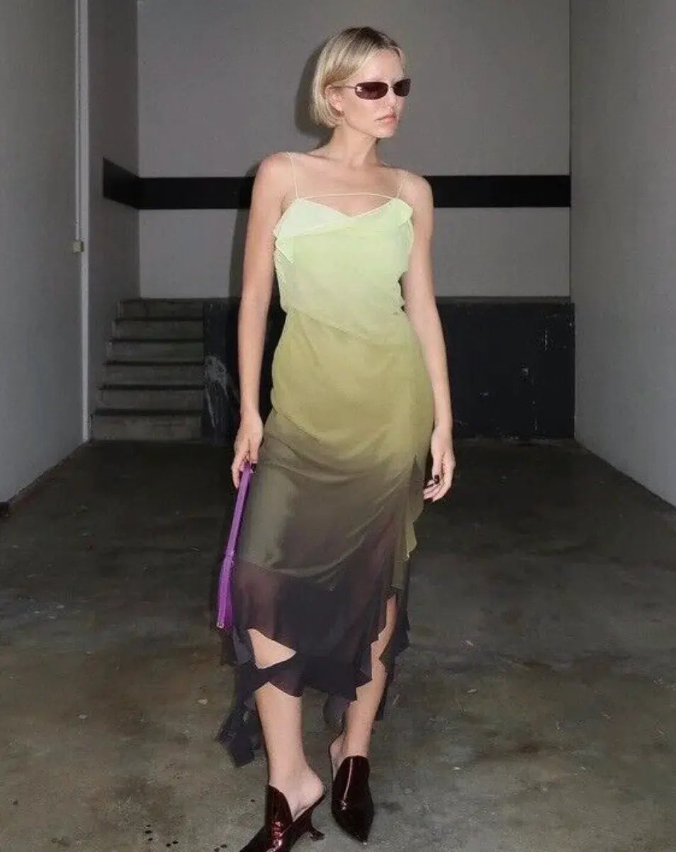 Acne Studios Asymmetric Ruffled Ombré Chiffon Midi Dress Green Size 10 photo 3
