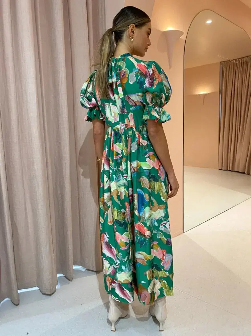 Alemais Arlo Puff Sleeve Midi Dress Green/Print Size 8 photo 2