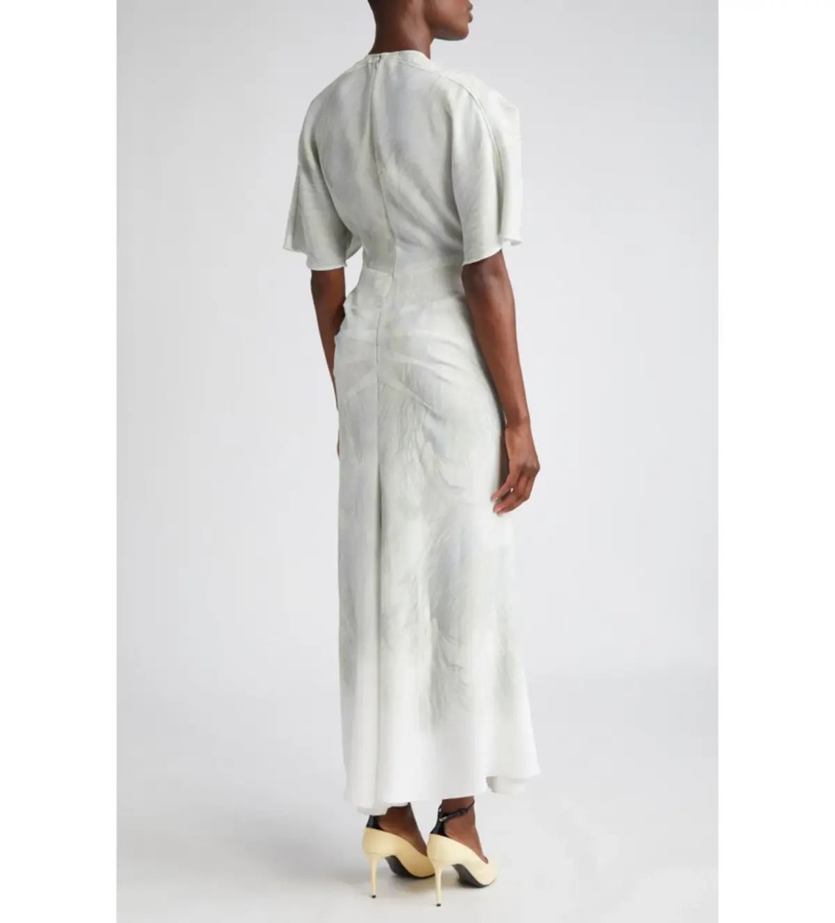 Victoria Beckham Drape Sleeve Midi Dress In White Digital Feather Print Size AU 8 photo 2