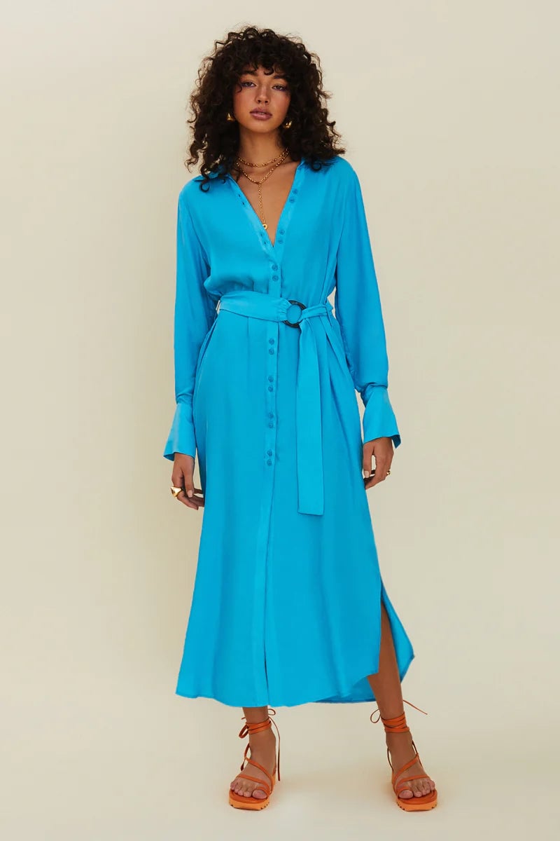 SUBOO HALLEY LONG SLEEVED SHIRT DRESS - TURQUOISE photo 2