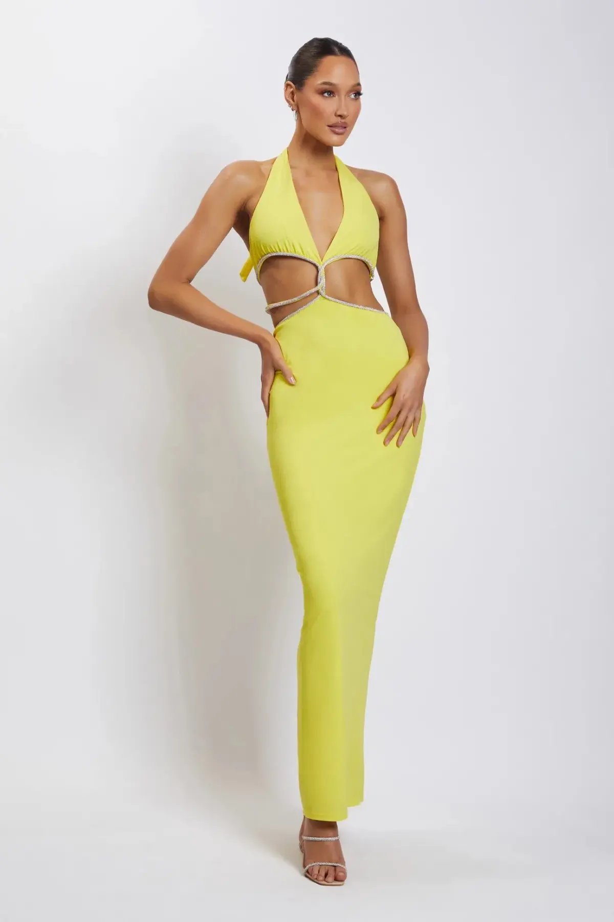 Meshki The Nicha Diamante Cut Out Midi Dress Yellow Size 6 photo 2