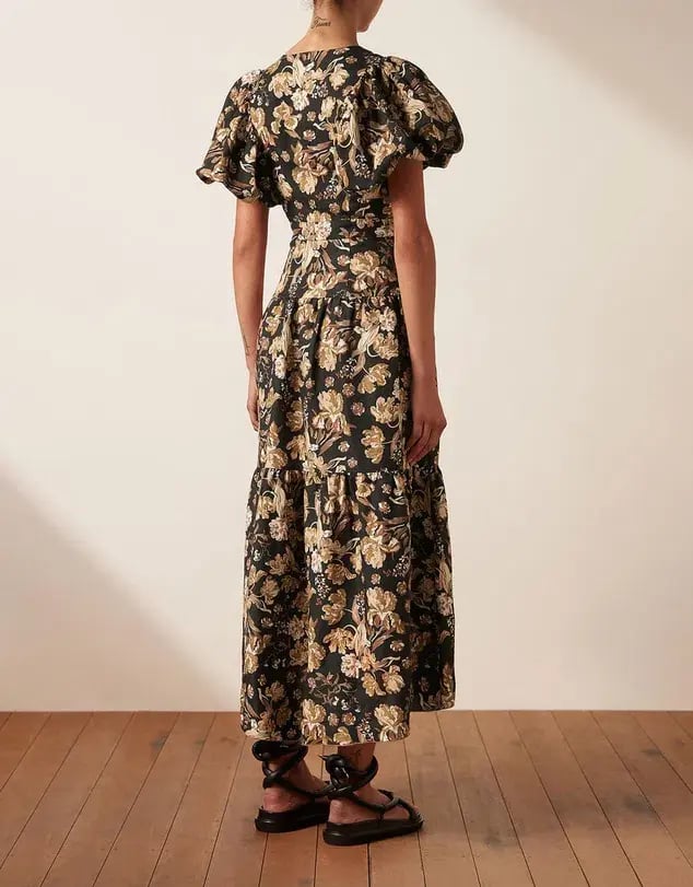 Shona Joy Palermo Linen Plunged Short Sleeve Midi Dress Print Size 8 photo 4