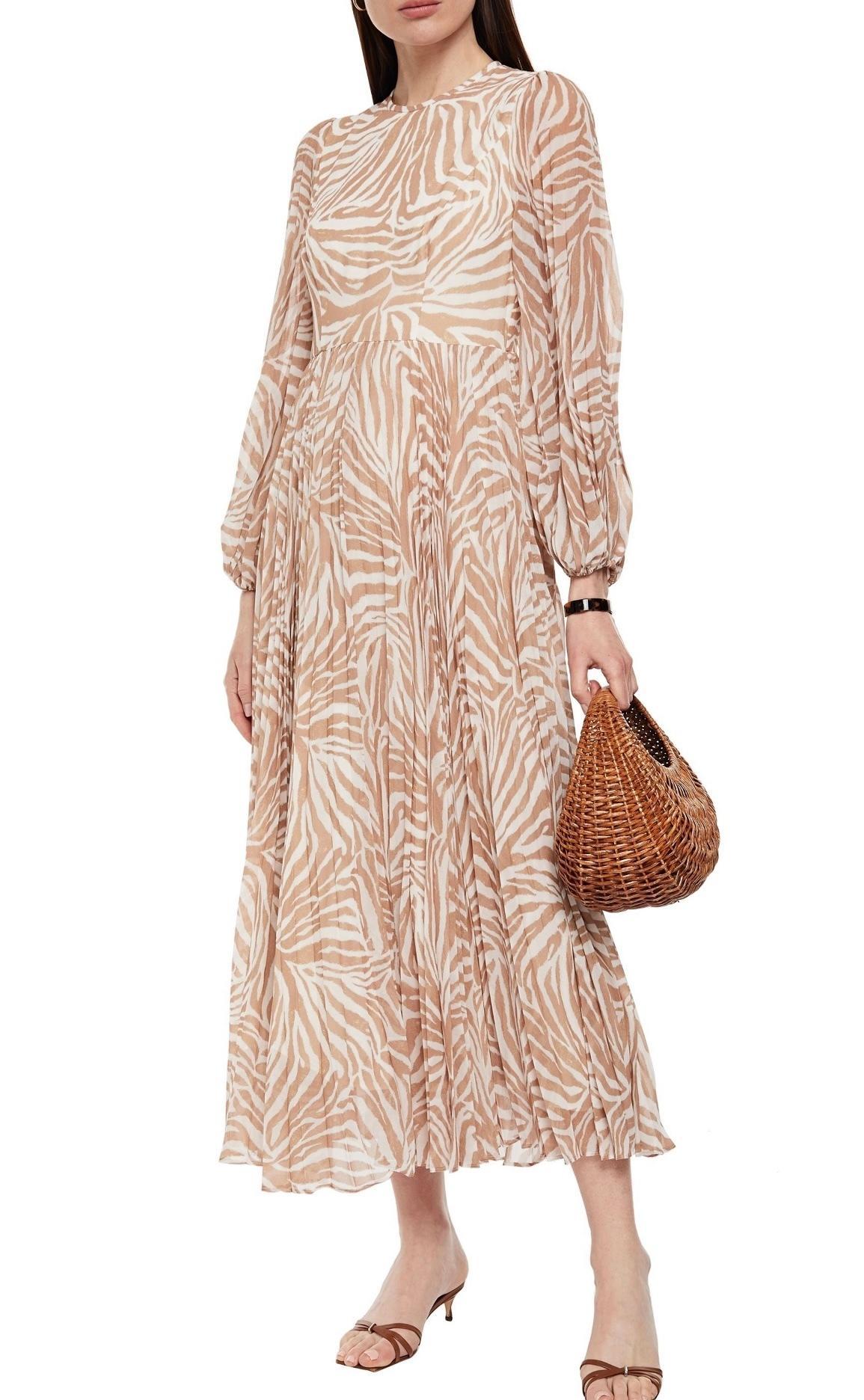 Zimmermann Sunray Long Sleeve Midi Dress Sand/Zebra Print Size 8 photo 4
