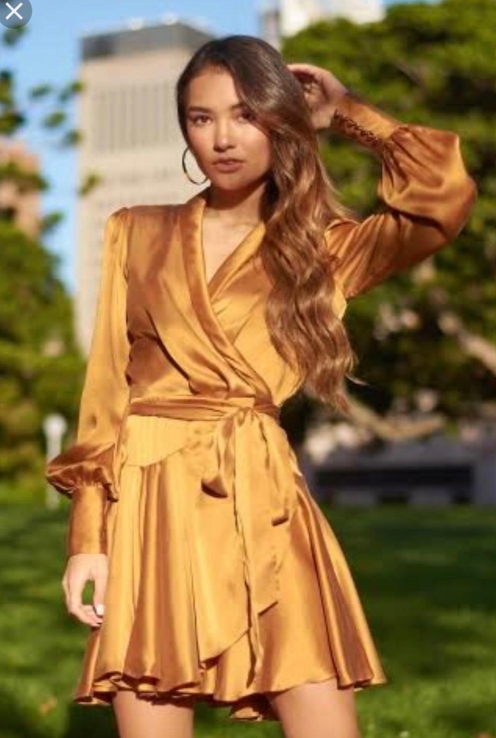 Zimmermann Silk Wrap Mini Dress Gold Size 0 AUS 8 photo 3