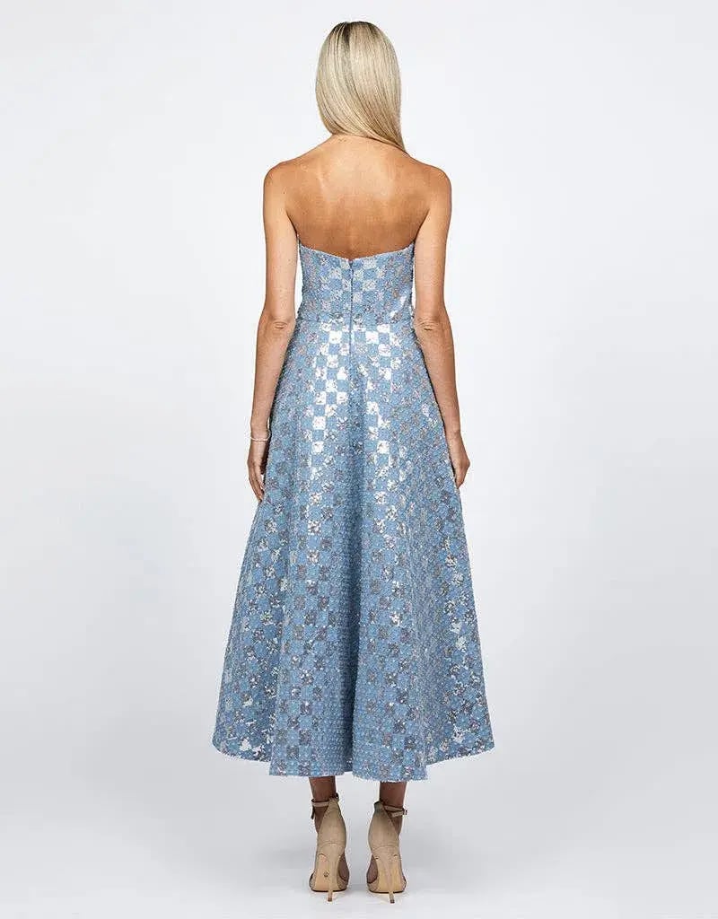 Bariano Zaharina Strapless Tea Midi Dress in Silver/Blue Size AU 6 photo 3