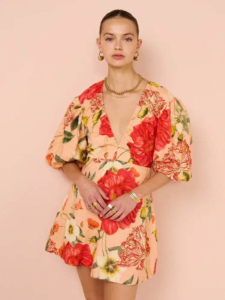 By Nicola Bolero Gathered Neckline Mini Dress In Raspberry Punch Floral Size 8 photo 7