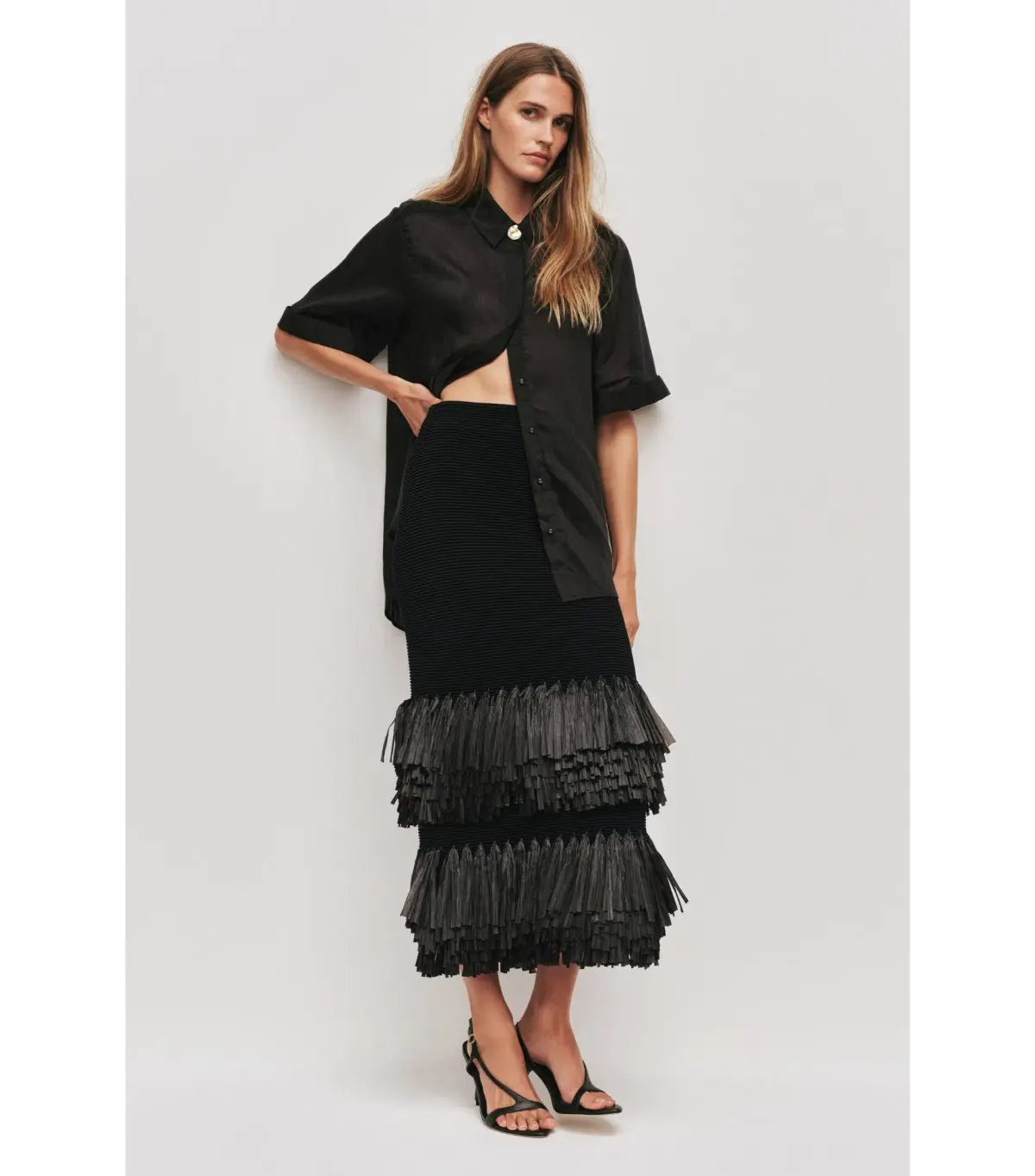 AJje Agave Knit Top and Agave Knit Raffia Midi Skirt Set Black Size AU 12 photo 2