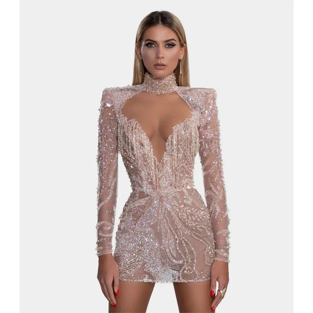 Albina Dyla Gold Couture Rose Gold Beaded Mini Dress Size AU 8 photo 3