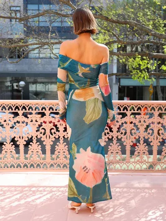 By Nicola Paloma Off Shoulder Mesh Maxi Dress in Pine Green Size 12 photo 2