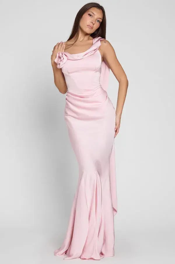 LEAU Celine Corset Drape Satin Maxi Gown Pink Size 10 photo 2