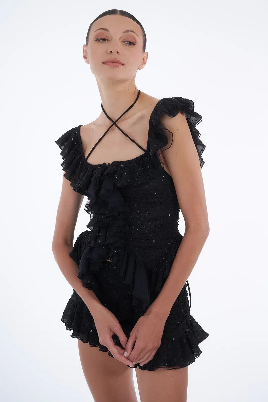 Dyspnea Froncè Ruched Top and Fleurie Frill Mini Skirt Set Black Size L / AU 12 photo 3