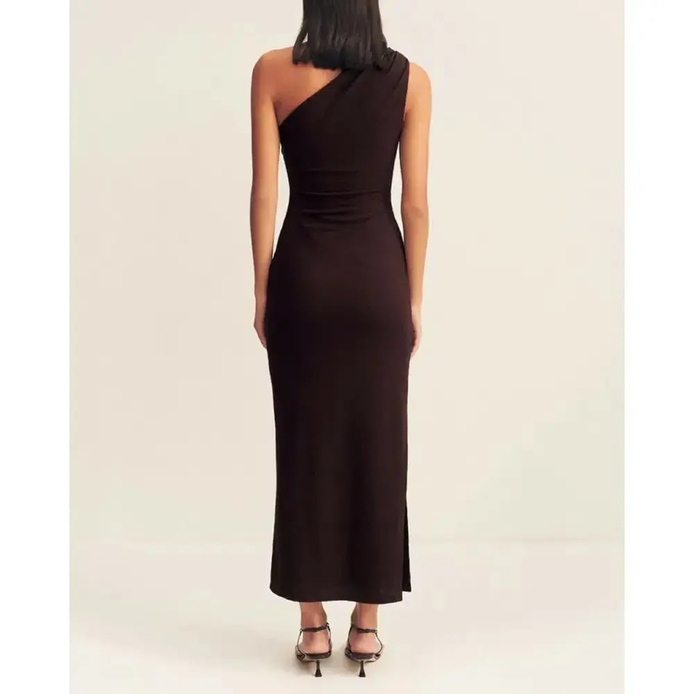 Shona Joy Beau Gathered Asymmetrical Midi Dress Brown Size AU 8 photo 3