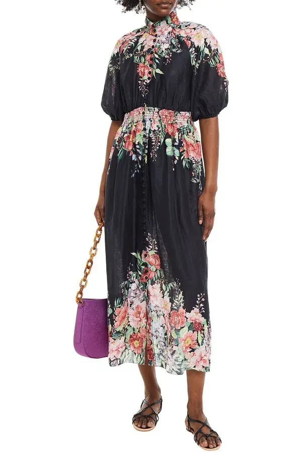 Zimmermann Bellitude Shirred Waist Midi Dress in Dark Navy Floral Size 0 / AU 8 photo 3