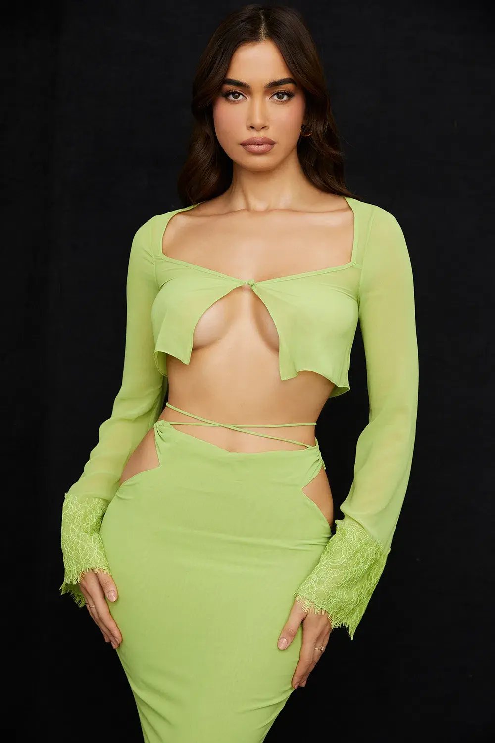 House of CB Tara Georgette Cropped Top Size M & Madeline Georgette Maxi Skirt Size L Set Lime Green photo 4