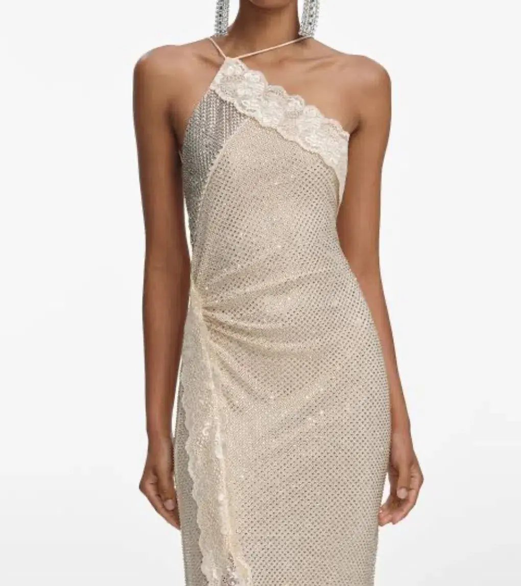 Self-Portrait CHAMPAGNE RHINESTONE LACE TRIM MAXI DRESS in AU6 photo 3