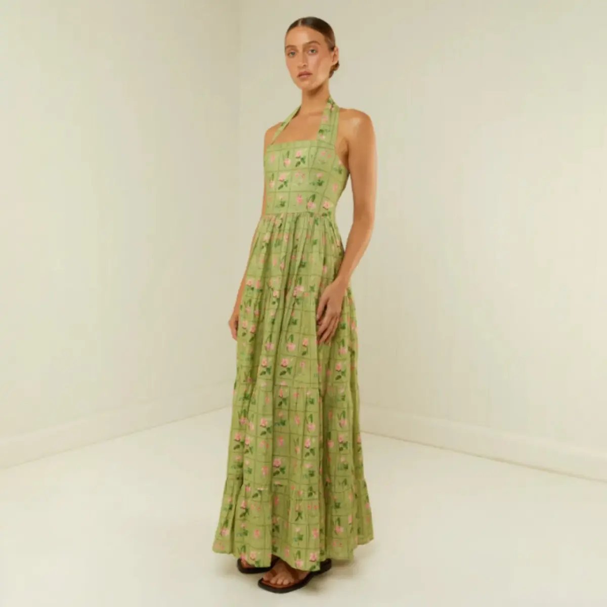 PALM NOOSA Willow Linen Midi Dress Green Floral Tile Size AU 14 photo 2