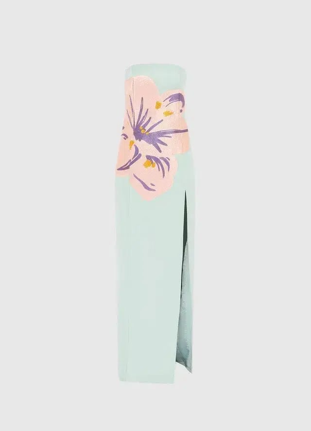 Leo Lin Clémence Embroidered Split Maxi Dress Hibiscus in Pistachio Size AU 14 photo 3
