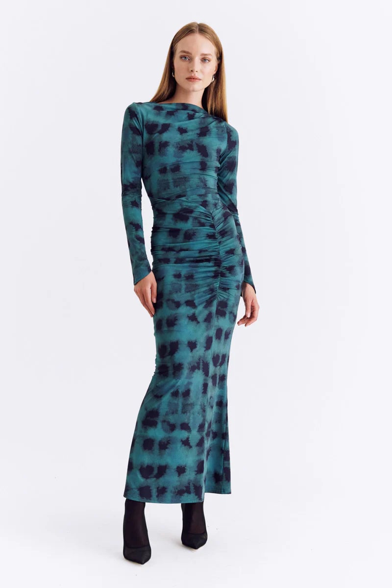 SUBOO SHIBORI LONG SLEEVE ROUCHED DRESS - GREEN PRINT photo 2