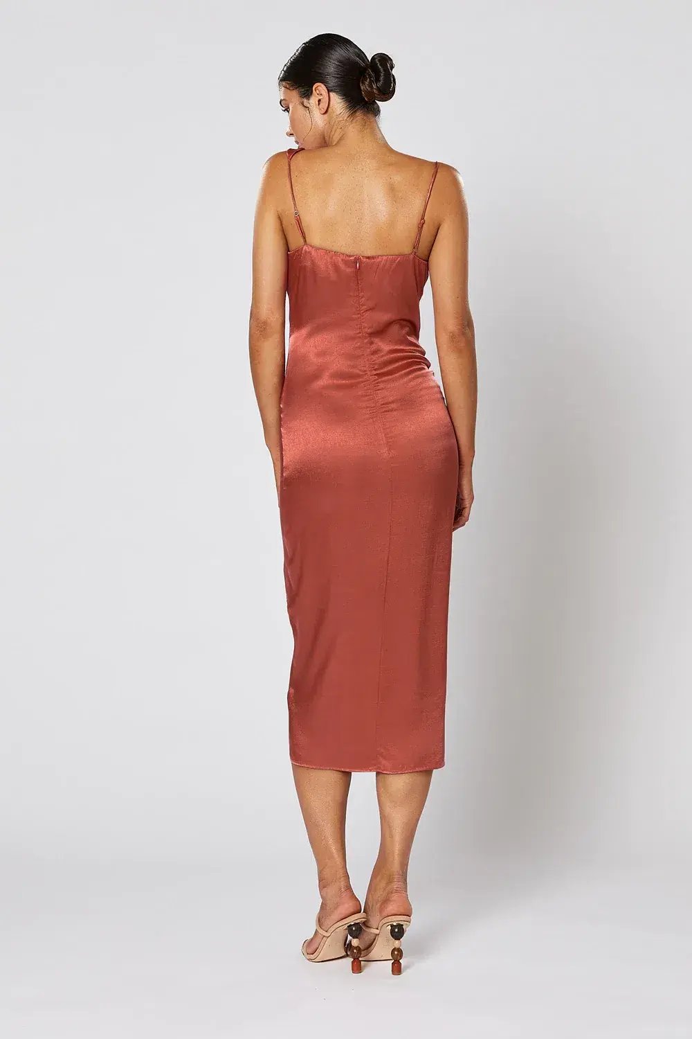 Winona Cara Asymmetric Satin Midi Dress in Copper Brown Size XS photo 2
