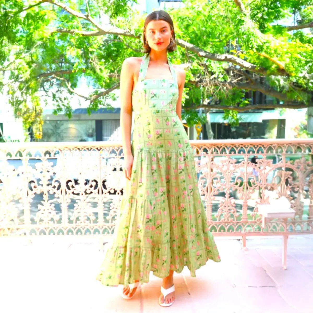 PALM NOOSA Willow Linen Midi Dress Green Floral Tile Size AU 14 photo 4