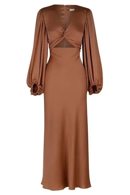 Shona Joy Luxe Twist Front Balloon Sleeve Midi Dress Brown Size 6 / XS photo 4