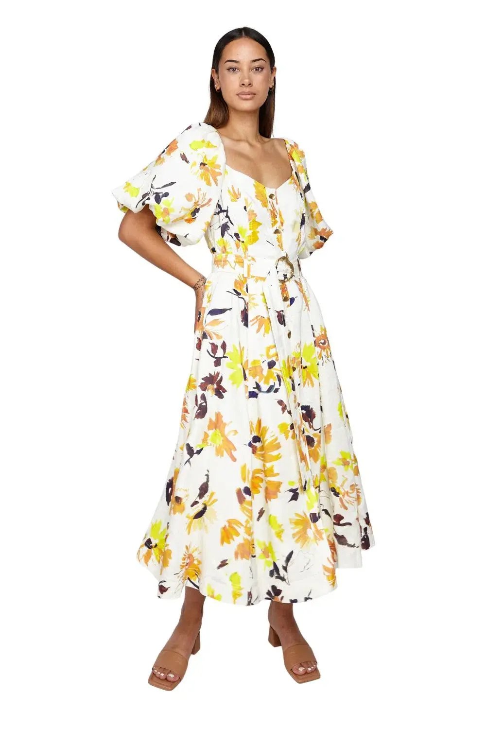 Aje Soleil Belted Midi Dress Pressed Sunflowers Size L / AU 12 photo 5