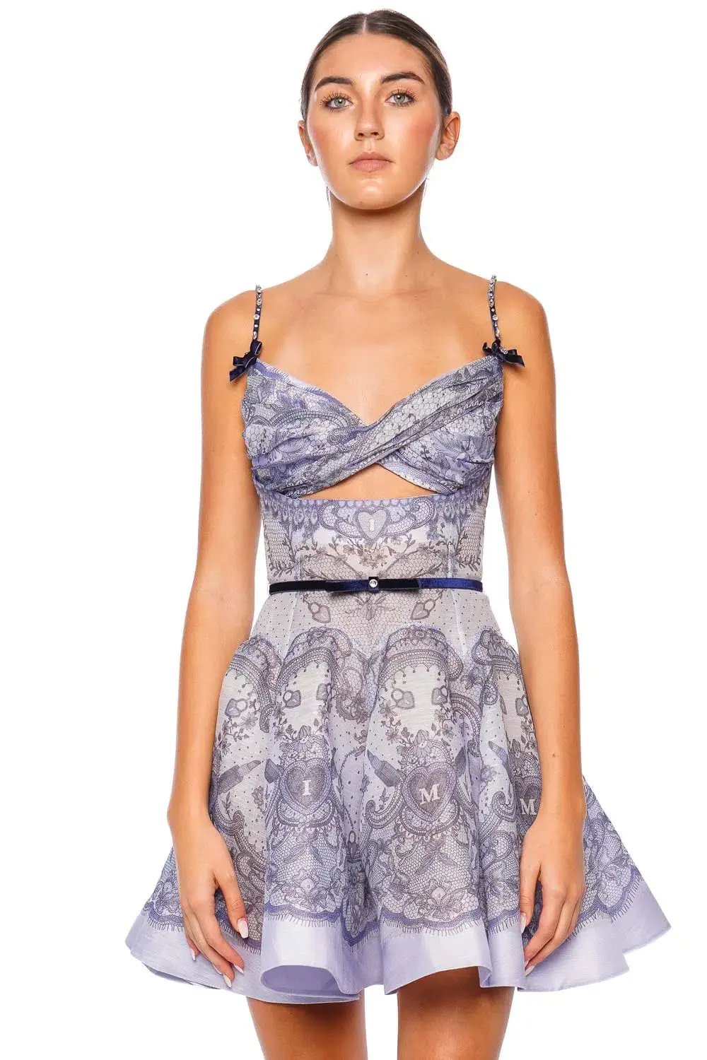 Zimmermann Crush Twist Front Mini Dress Blue Lace Print Size 3 / AU 14 photo 2