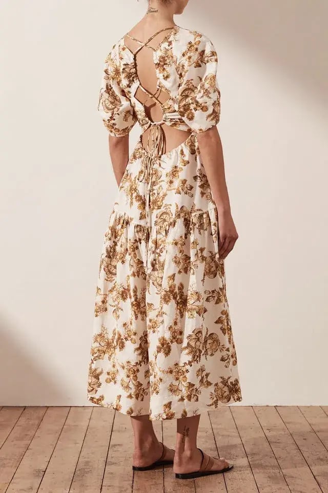 Shona Joy Bella Linen Short Sleeve Midi Dress Floral Size 8 / S photo 2