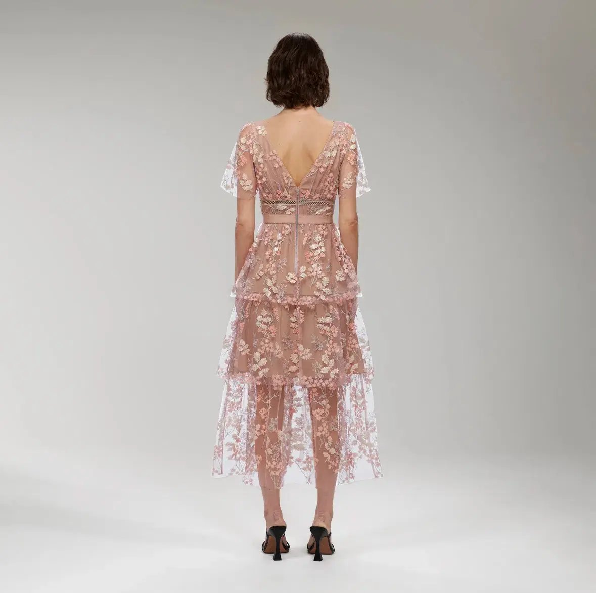 Self Portrait Flower Mesh Tiered Midi Dress Pink Size 12 photo 3