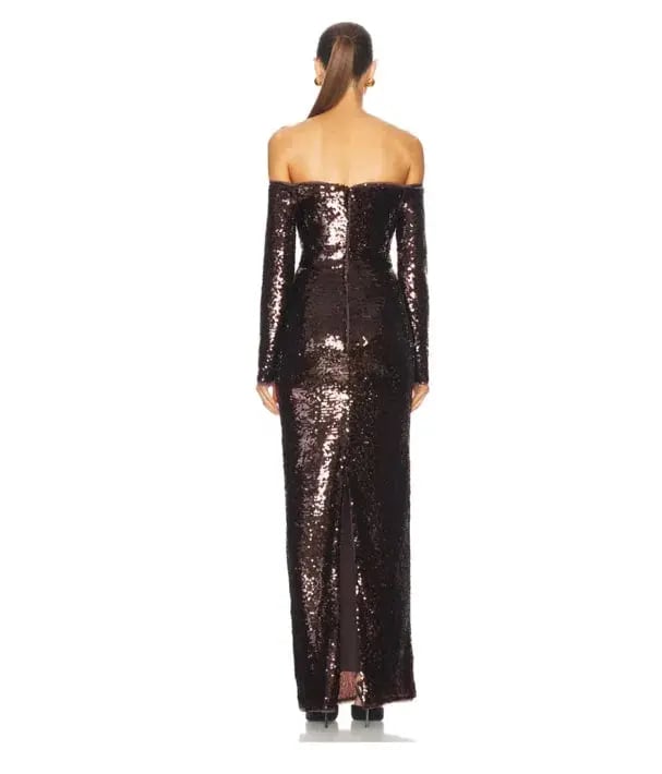 Self-portrait Sequin Off-shoulder Maxi Dress In Brown Size 14 photo 4