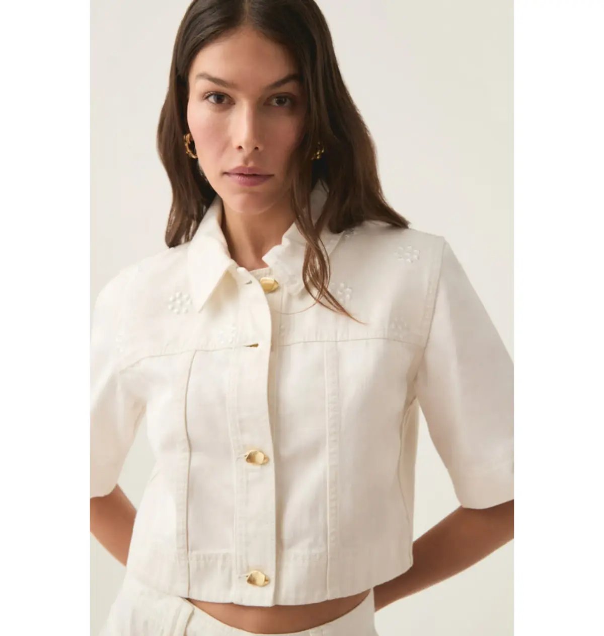 Aje Ren Denim Crop Shirt and Ren Belmond Denim Short Set in White Size AU 8 photo 4