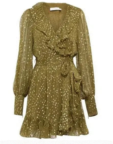 Zimmermann Lurex Wrap Mini Dress Khaki Size 1 / 10 AU photo 5