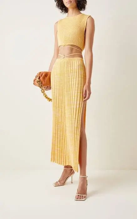 Christopher Esber Wrap Tie Knit Cropped Top and Pleated Knit Tie Midi Skirt Set Yellow Size 4 photo 4