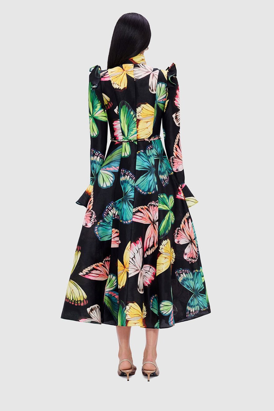 Leo Lin Katrina Butterfly Sleeve Midi Dress - Papillon Print in Black photo 4