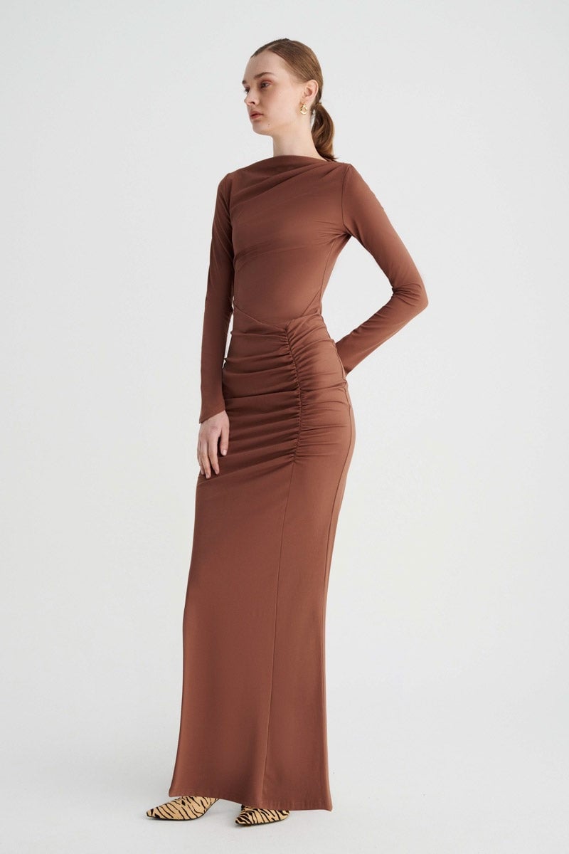 SUBOO IVY LONG SLEEVE ROUCHED DRESS - CHOCOLATE photo 3