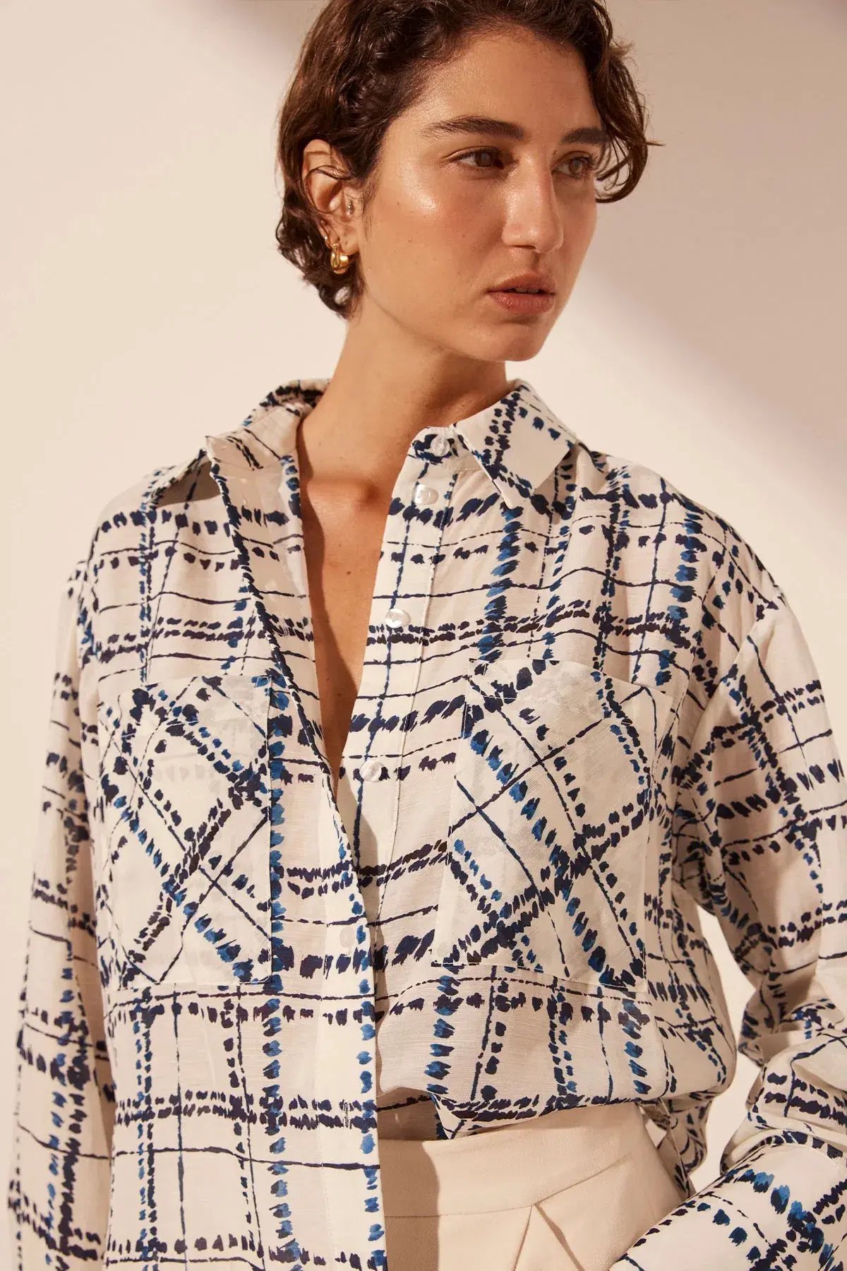 Shona Joy Niko Oversized Patch Pocket Shirt Ivory/Deep Navy Print Size 12 photo 2