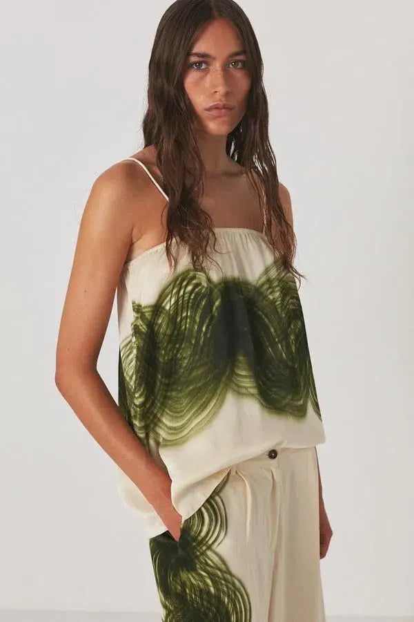 Rabens Saloner Magny Swirl String Elastic Cami Top Olive Chalk Combo Size AU 10 photo 2