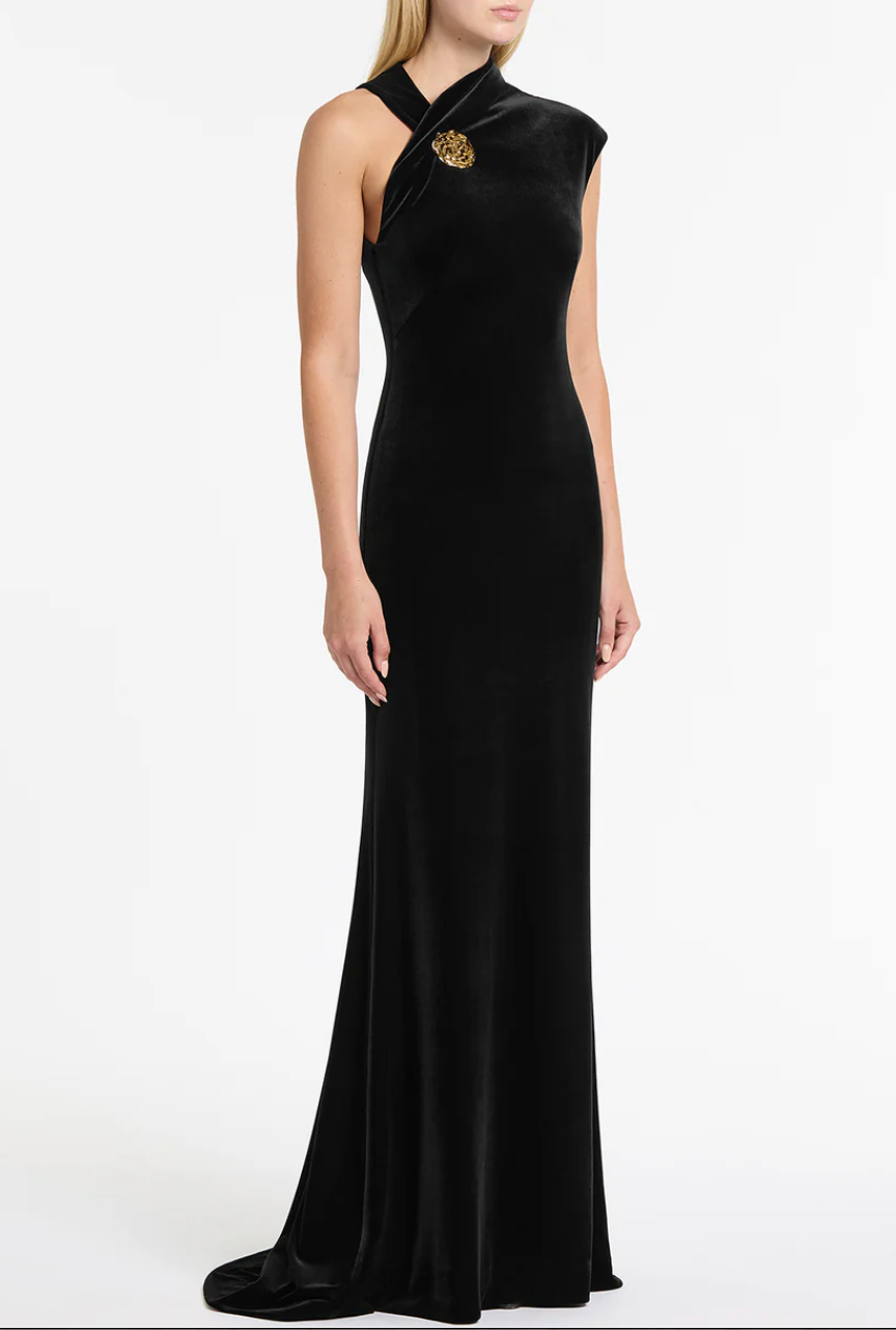 VELVET GOLD BUTTON MAXI DRESS BY CARLA ZAMPATTI BLACK photo 4