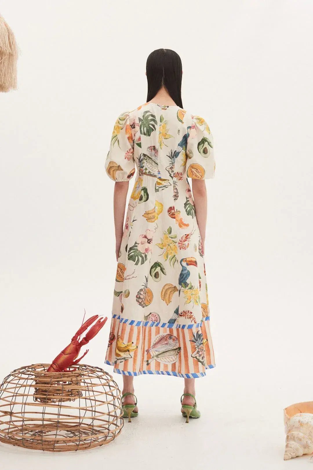 Alemais Theo Midi Linen Puff Sleeve Dress Print Size 12 photo 6
