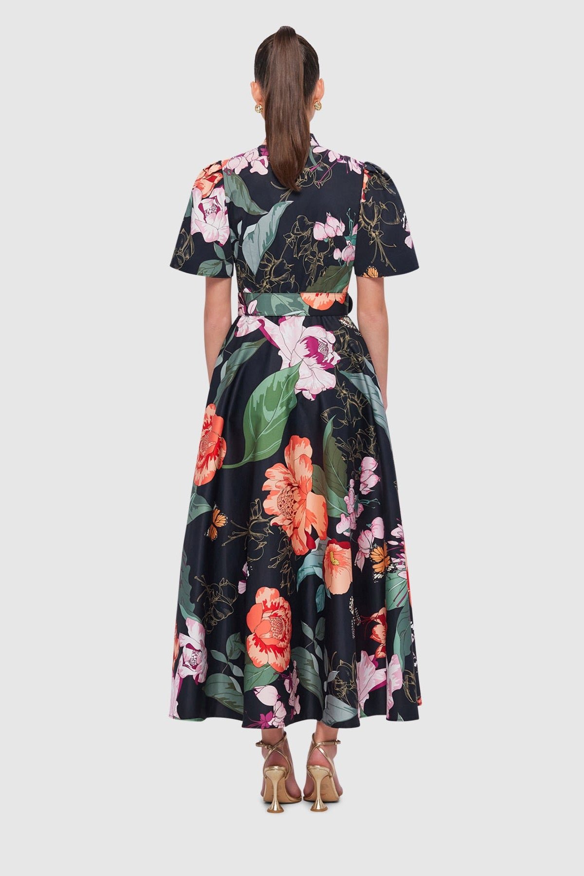 LEO LIN BIANCA SHORT SLEEVE MIDI DRESS - LUSH PRINT IN BLACK photo 4