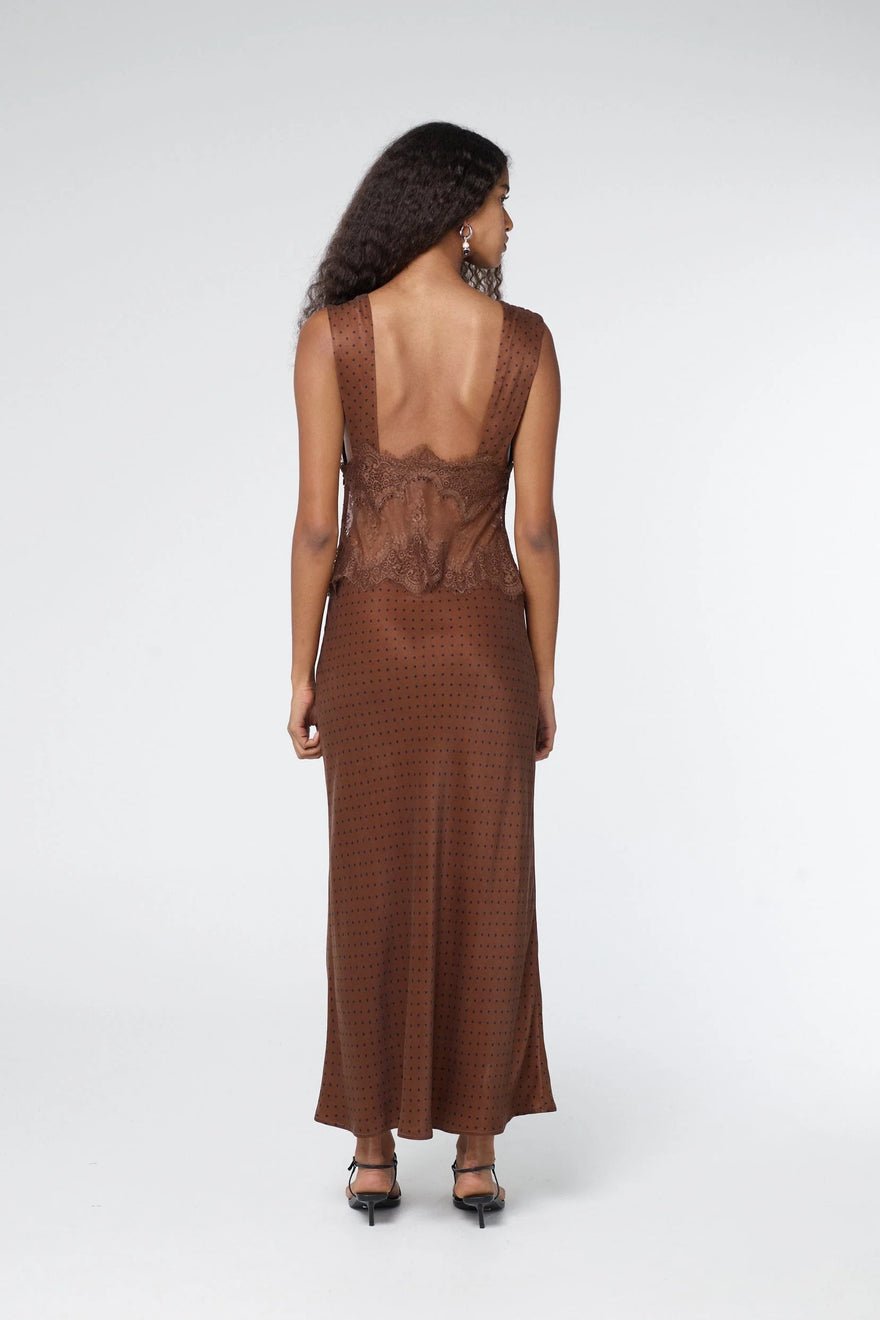 Third Form Visions Lace Deep V Neck Maxi Dress - Chocolate Polka Dot photo 3