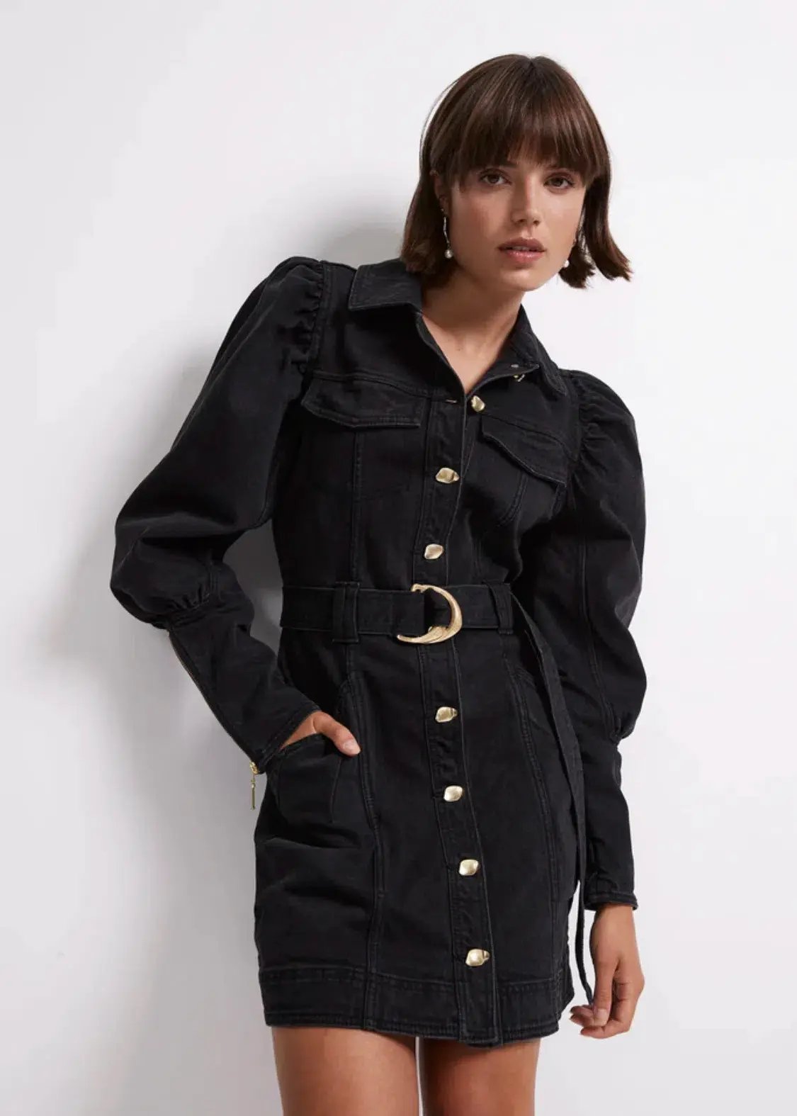 Aje Dione Denim Long Sleeve Dress Black Size 12 photo 3
