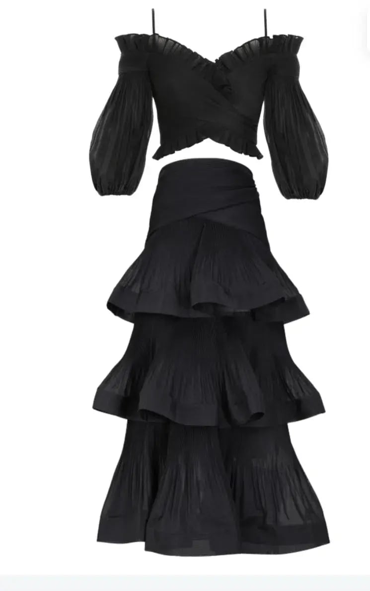 Zimmermann Pleated Off Shoulder Top and Ruffle Skirt Set Black Size AU 10 photo 3
