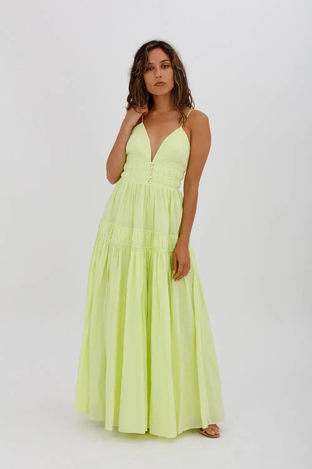 Aje Grace Tiered Midi Dress Pastel Yellow Green Size 10 photo 11