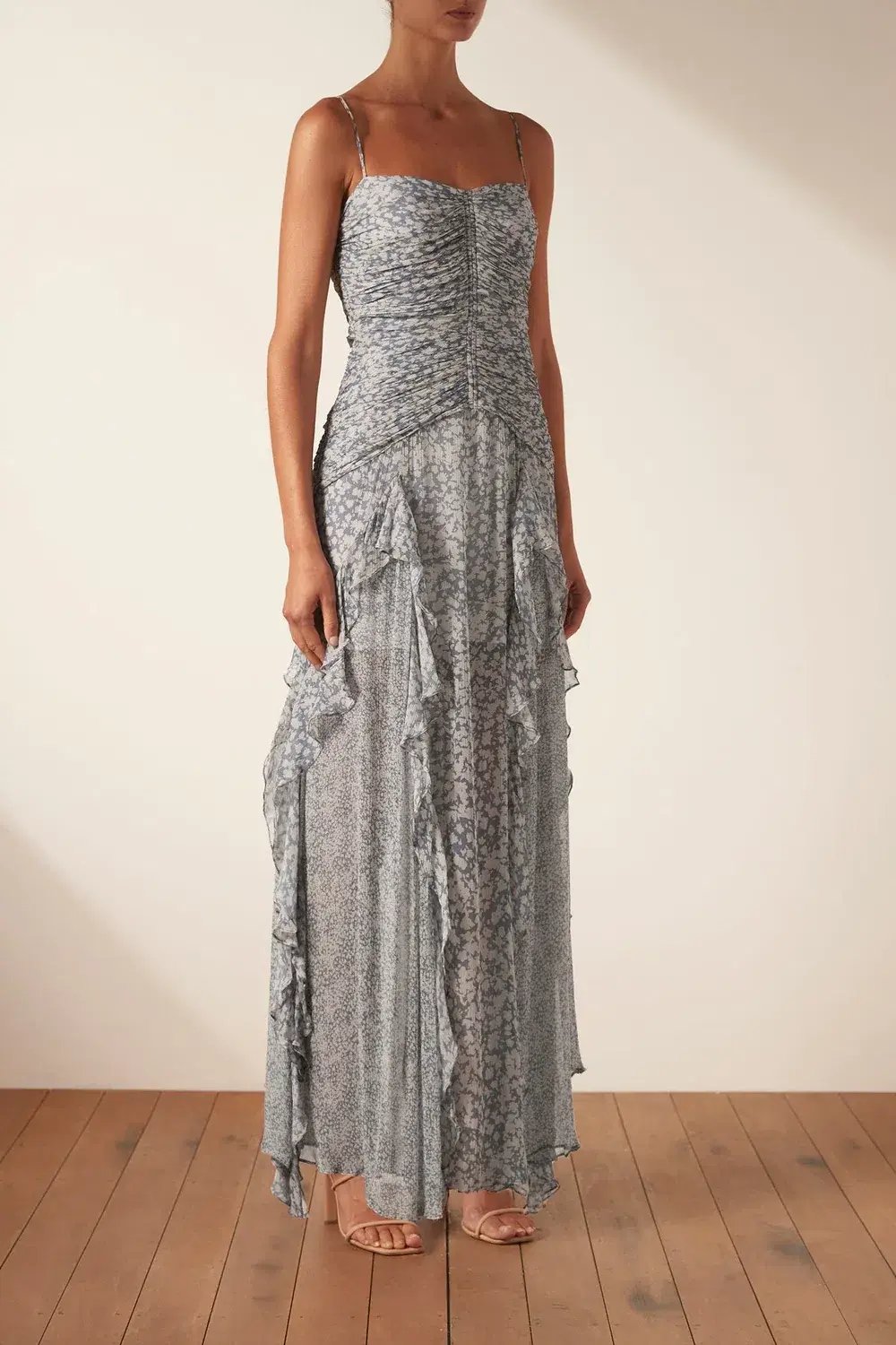 Shona Joy Candice Ruched Frill Maxi Dress Print Size 8 photo 4