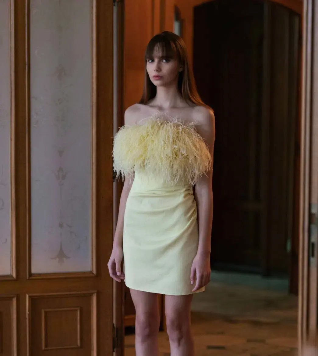 F.ILKK Feather Mini Dress Yellow Size 8 photo 3