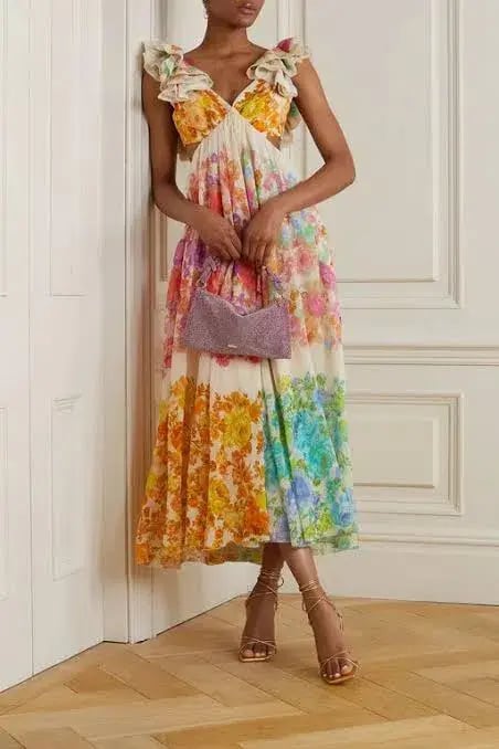 Zimmermann Raie Frill Shoullder Midi Dress Multi Floral Size 1 / AU 10 photo 4